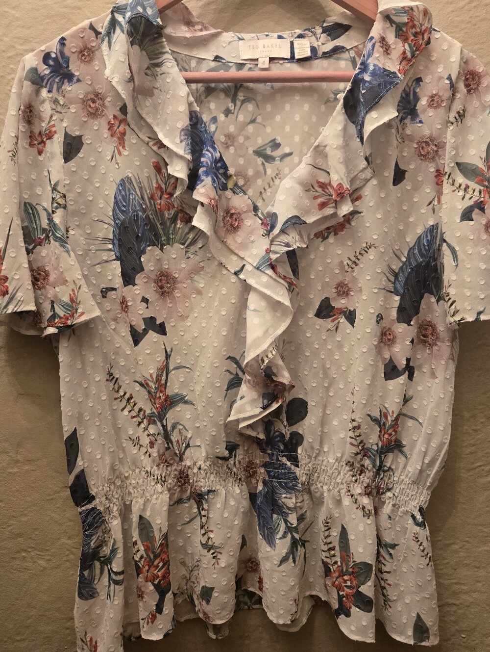Ted Baker London Floral Swiss Dot Ruffle Peplum Blouse Ivory Blue Size 4